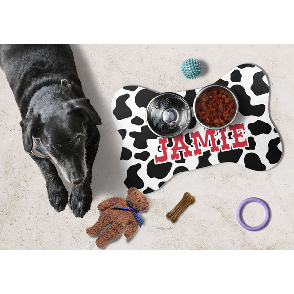 Cowprint Cowgirl Bone Shaped Mat w/ Food & Water