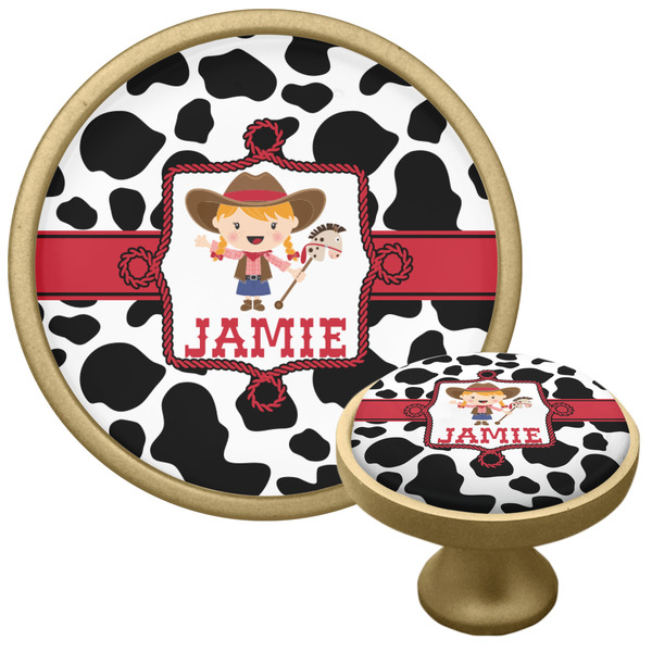 Custom Cowprint Cowgirl Cabinet Knob - Gold (Personalized)