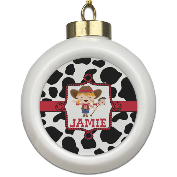 Custom Cowprint Cowgirl Ceramic Ball Ornament (Personalized)