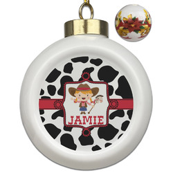 Cowprint Cowgirl Ceramic Ball Ornaments - Poinsettia Garland (Personalized)