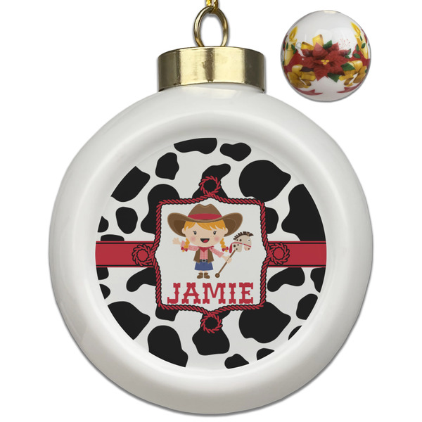 Custom Cowprint Cowgirl Ceramic Ball Ornaments - Poinsettia Garland (Personalized)