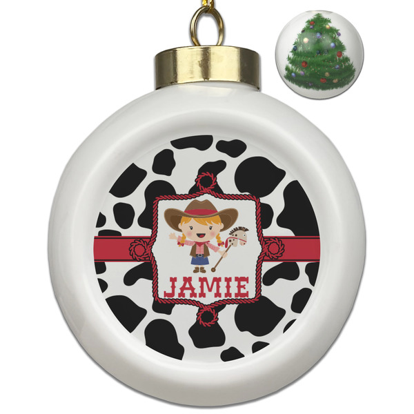 Custom Cowprint Cowgirl Ceramic Ball Ornament - Christmas Tree (Personalized)