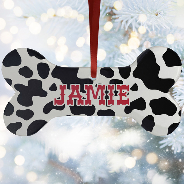 Custom Cowprint Cowgirl Ceramic Dog Ornament w/ Name or Text