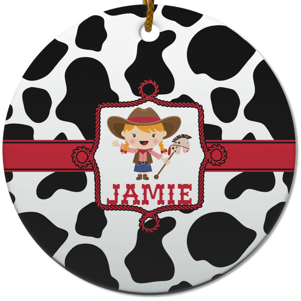 Custom Cowprint Cowgirl Round Ceramic Ornament w/ Name or Text