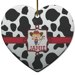 Cowprint Cowgirl Heart Ceramic Ornament w/ Name or Text