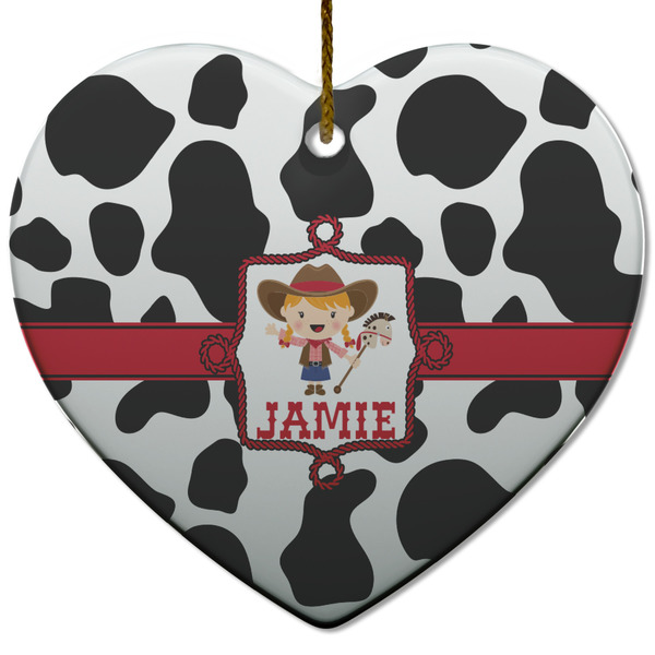 Custom Cowprint Cowgirl Heart Ceramic Ornament w/ Name or Text