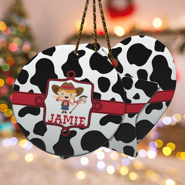 Custom Cowprint Cowgirl Ceramic Ornament w/ Name or Text