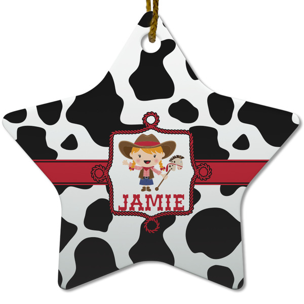 Custom Cowprint Cowgirl Star Ceramic Ornament w/ Name or Text