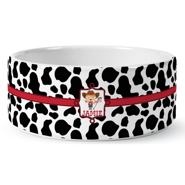 Custom Cowprint Cowgirl Ceramic Dog Bowl - Large (Personalized)