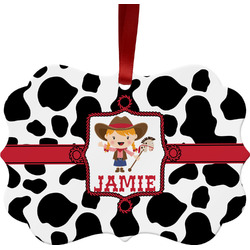 Cowprint Cowgirl Metal Frame Ornament - Double Sided w/ Name or Text
