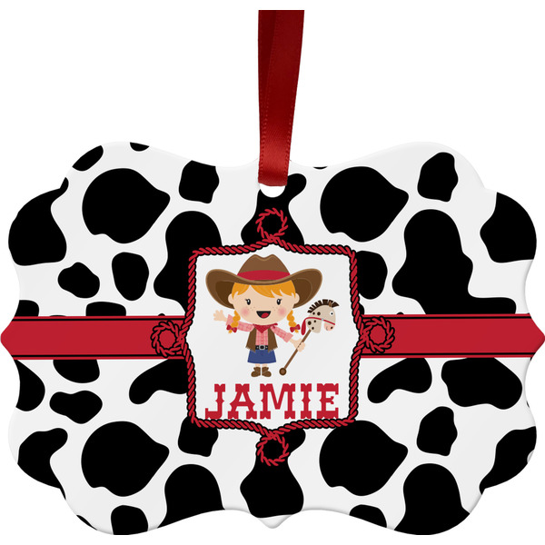 Custom Cowprint Cowgirl Metal Frame Ornament - Double Sided w/ Name or Text