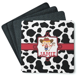 Cowprint Cowgirl Square Rubber Backed Coasters - Set of 4 (Personalized)