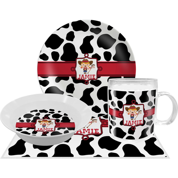 Custom Cowprint Cowgirl Dinner Set - Single 4 Pc Setting w/ Name or Text