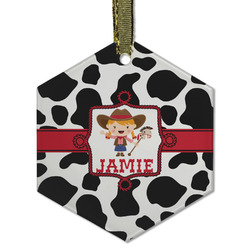 Cowprint Cowgirl Flat Glass Ornament - Hexagon w/ Name or Text