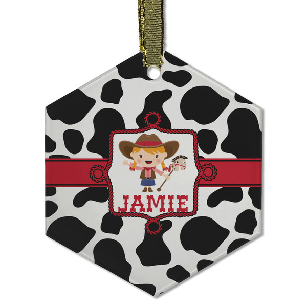 Custom Cowprint Cowgirl Flat Glass Ornament - Hexagon w/ Name or Text