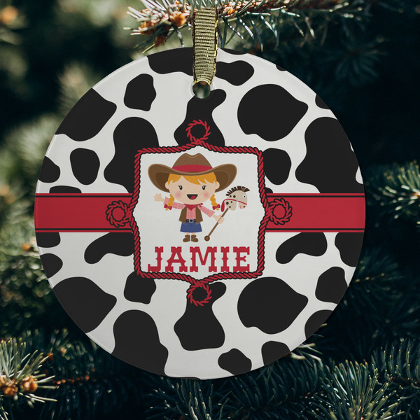 Cowprint Cowgirl Frosted Glass Ornament - Round (Lifestyle)