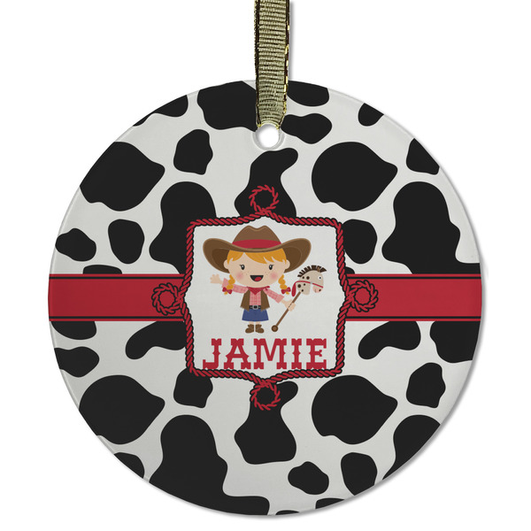 Custom Cowprint Cowgirl Flat Glass Ornament - Round w/ Name or Text