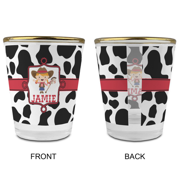 Cowprint Cowgirl Glass Shot Glass - with gold rim - APPROVAL