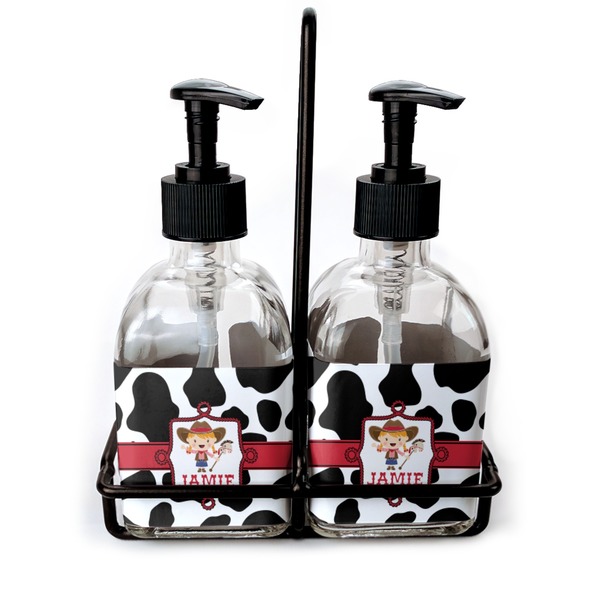 Custom Cowprint Cowgirl Glass Soap & Lotion Bottle Set (Personalized)