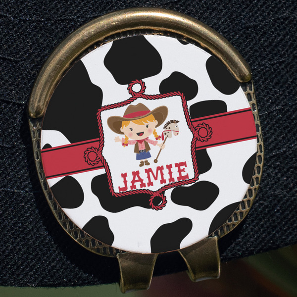 Cowprint Cowgirl Golf Ball Marker Hat Clip - Gold - Close Up