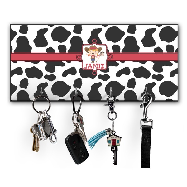 Custom Cowprint Cowgirl Key Hanger w/ 4 Hooks w/ Graphics and Text