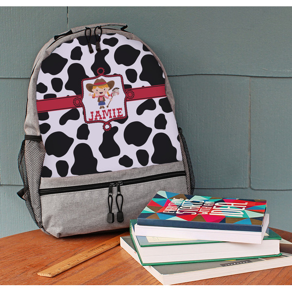 Cowprint Cowgirl Large Backpack - Gray - On Desk