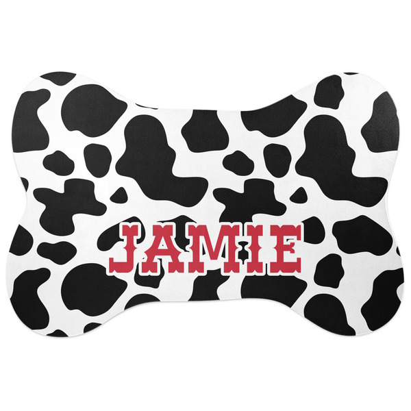 Custom Cowprint Cowgirl Bone Shaped Dog Food Mat (Large) (Personalized)