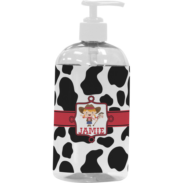 Custom Cowprint Cowgirl Plastic Soap / Lotion Dispenser (16 oz - Large - White) (Personalized)