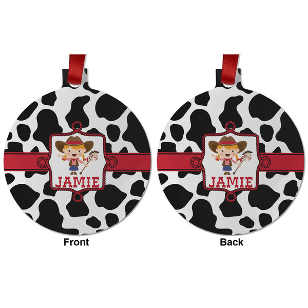 Cowprint Cowgirl Metal Ball Ornament - Front and Back