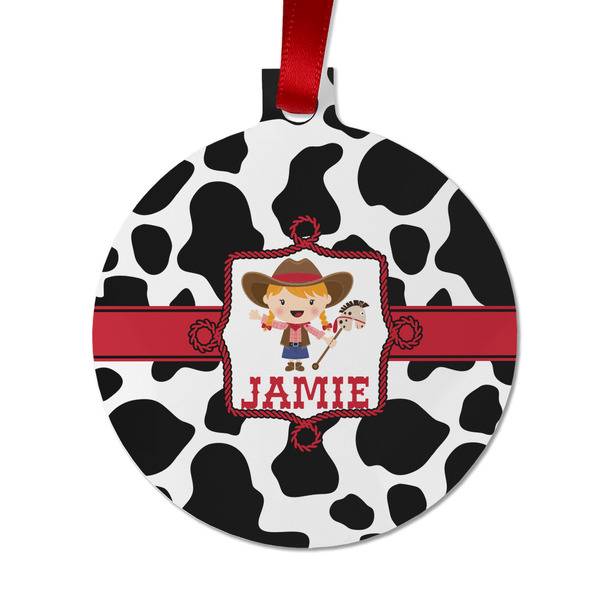 Custom Cowprint Cowgirl Metal Ball Ornament - Double Sided w/ Name or Text