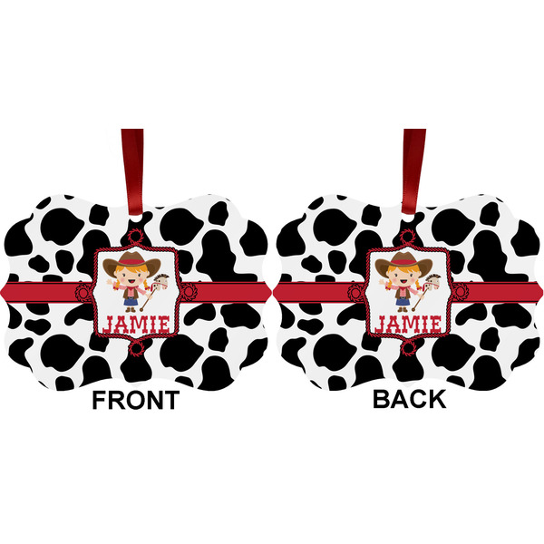 Cowprint Cowgirl Metal Benilux Ornament - Front and Back (APPROVAL)