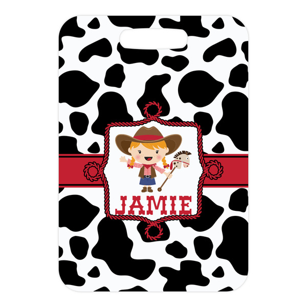 Cowprint Cowgirl Metal Luggage Tag - Front Without Strap
