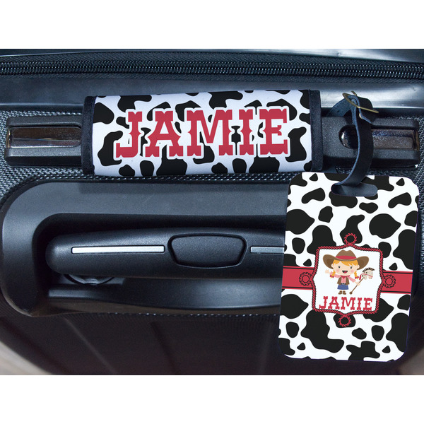 Cowprint Cowgirl Metal Luggage Tag & Handle Wrap - In Context