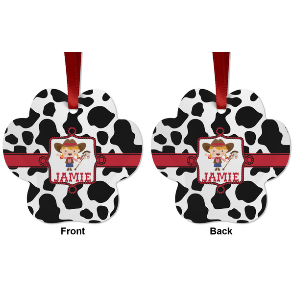 Cowprint Cowgirl Metal Paw Ornament - Front and Back