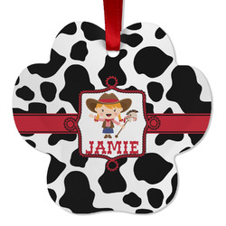 Cowprint Cowgirl Metal Paw Ornament - Double Sided w/ Name or Text