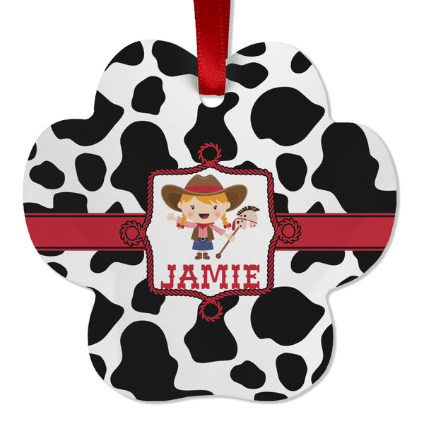 Custom Cowprint Cowgirl Metal Paw Ornament - Double Sided w/ Name or Text