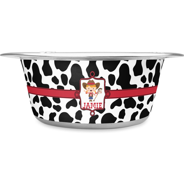 Custom Cowprint Cowgirl Stainless Steel Dog Bowl - Medium (Personalized)