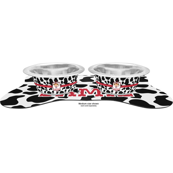 Cowprint Cowgirl Metal Pet Bowls - On Dog Bone Shaped Mat
