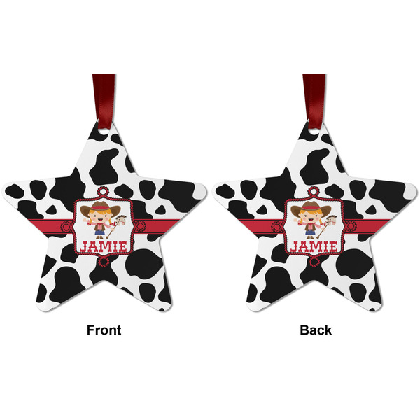 Cowprint Cowgirl Metal Star Ornament - Front and Back