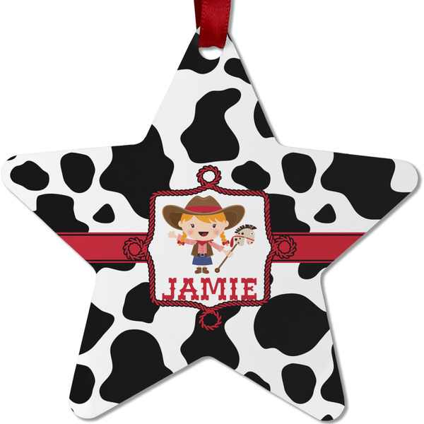 Custom Cowprint Cowgirl Metal Star Ornament - Double Sided w/ Name or Text