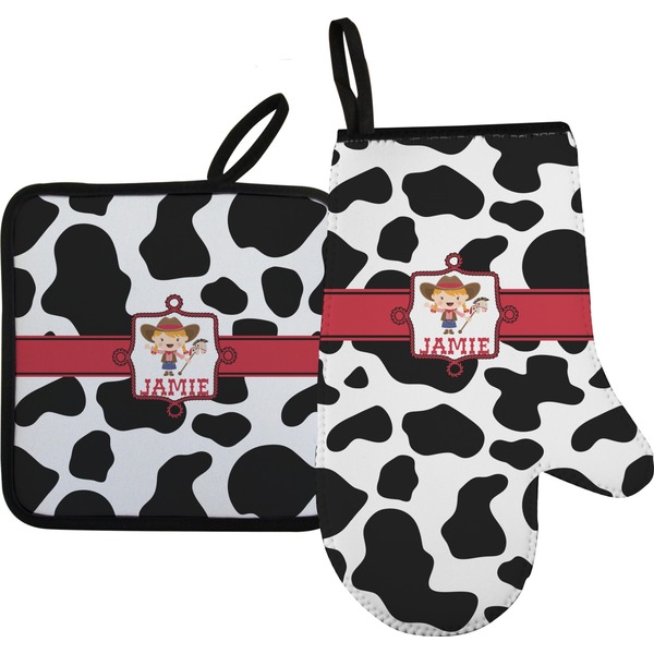 Custom Cowprint Cowgirl Right Oven Mitt & Pot Holder Set w/ Name or Text