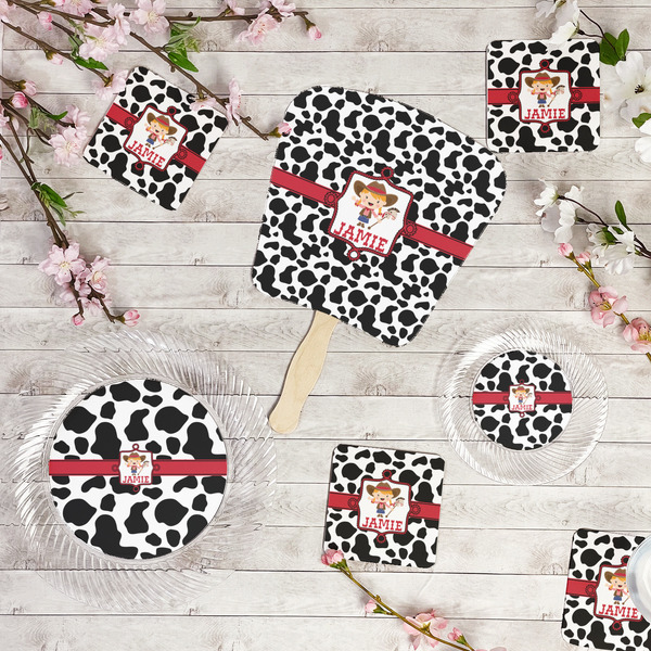 Cowprint Cowgirl Party Supplies Combination Image - All items - Plates, Coasters, Fans