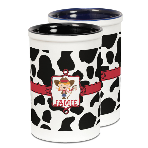 Custom Cowprint Cowgirl Ceramic Pencil Holder - Large