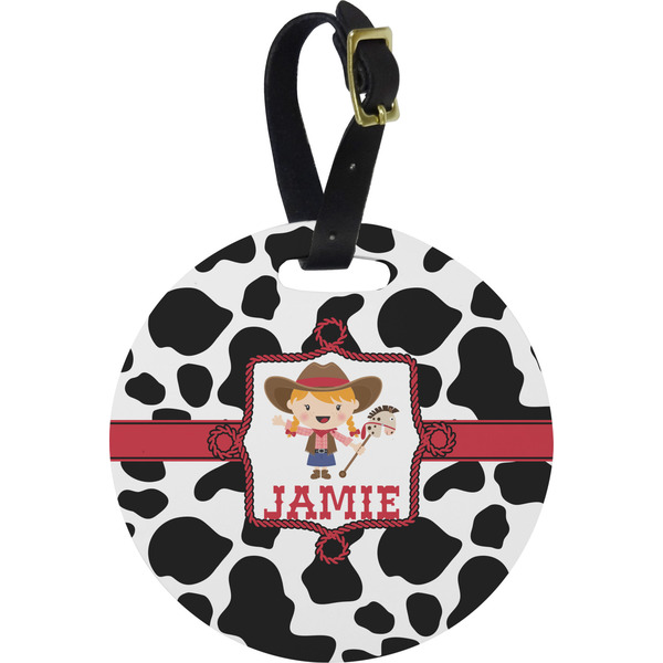 Custom Cowprint Cowgirl Plastic Luggage Tag - Round (Personalized)