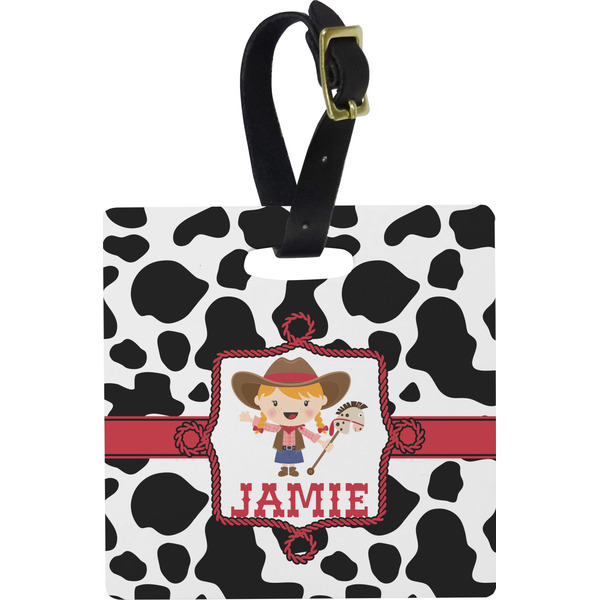 Custom Cowprint Cowgirl Plastic Luggage Tag - Square w/ Name or Text