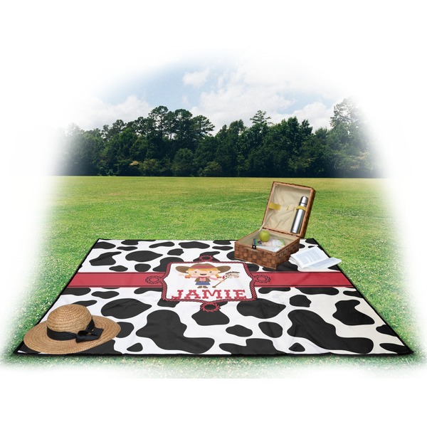 Cowprint Cowgirl Picnic Blanket - with Basket Hat and Book - in Use
