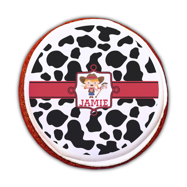 Cowprint Cowgirl Printed Icing Circle - Medium - On Cookie