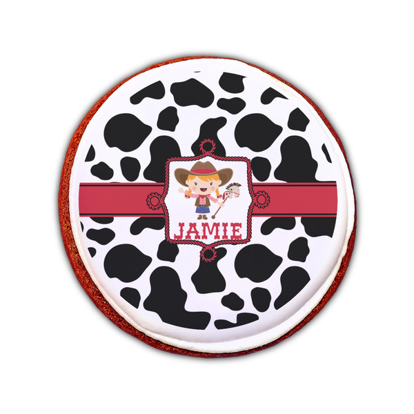 Cowprint Cowgirl Printed Icing Circle - Small - On Cookie