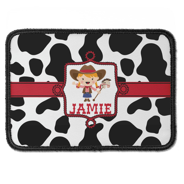 Custom Cowprint Cowgirl Iron On Rectangle Patch w/ Name or Text