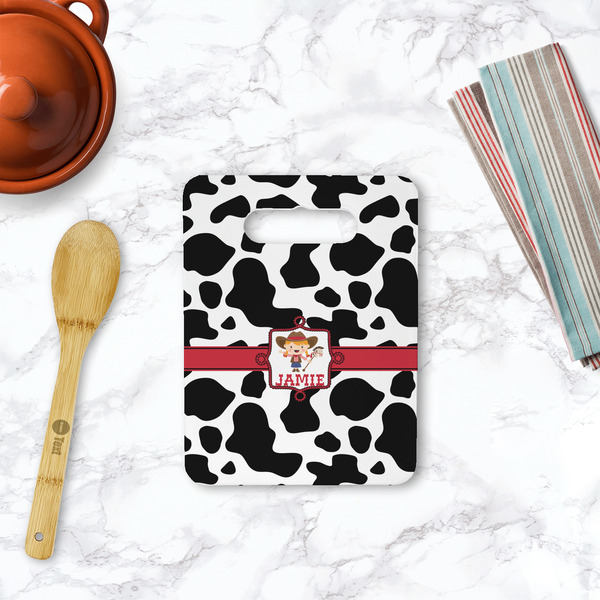 Cowprint Cowgirl Rectangle Trivet with Handle - LIFESTYLE